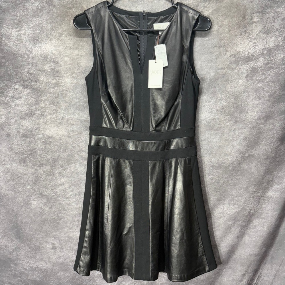 Vakko Black Leather Mixed Media Fit Flare Dress Size 6 Edgy Neiman Marcus